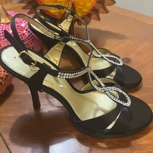 Nina Ricci Vierra Strappy Rhinestone Satin Heels, Black, Size 9M